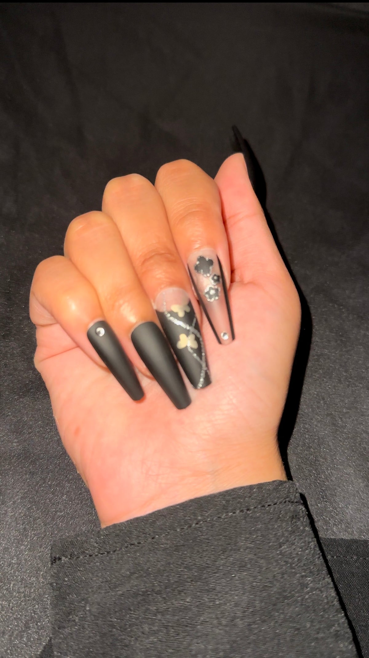 XO Midnight Bloom – Long Coffin Press-On Nails
