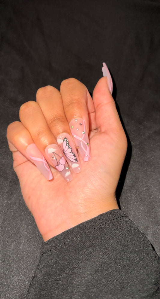 XO Cherry Cloud – Long Coffin Press-On Nails